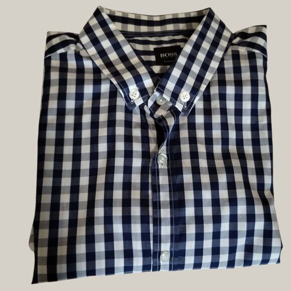 Hugo Boss Mens Slim Fit Gingham Button Down Shirt Blue/White Large - Picture 8 of 11
